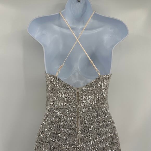Crystal Doll Bodycon Sequin Dress Sz 0 Silver Holiday New Years Slit Y2K Club - Picture 6 of 12
